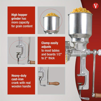 Manual Grain Grinder Mill - Cast Iron Hand Crank Grain Mill with High Hopper, Adjustable Coarse Fine Grinding, Table Clamp Mount, for Corn Wheat Barley Coffee Spices Nuts - Home Brewing & Kitchen Use