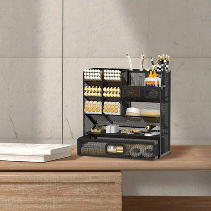 Mesh Desk Organizer with Drawer – Multifunctional Desktop Pen Holder & Office Supply Organizer for Home Office, School & Art Studio – Pencil Cup Caddy with Storage Compartments, Multiple Colors Available
