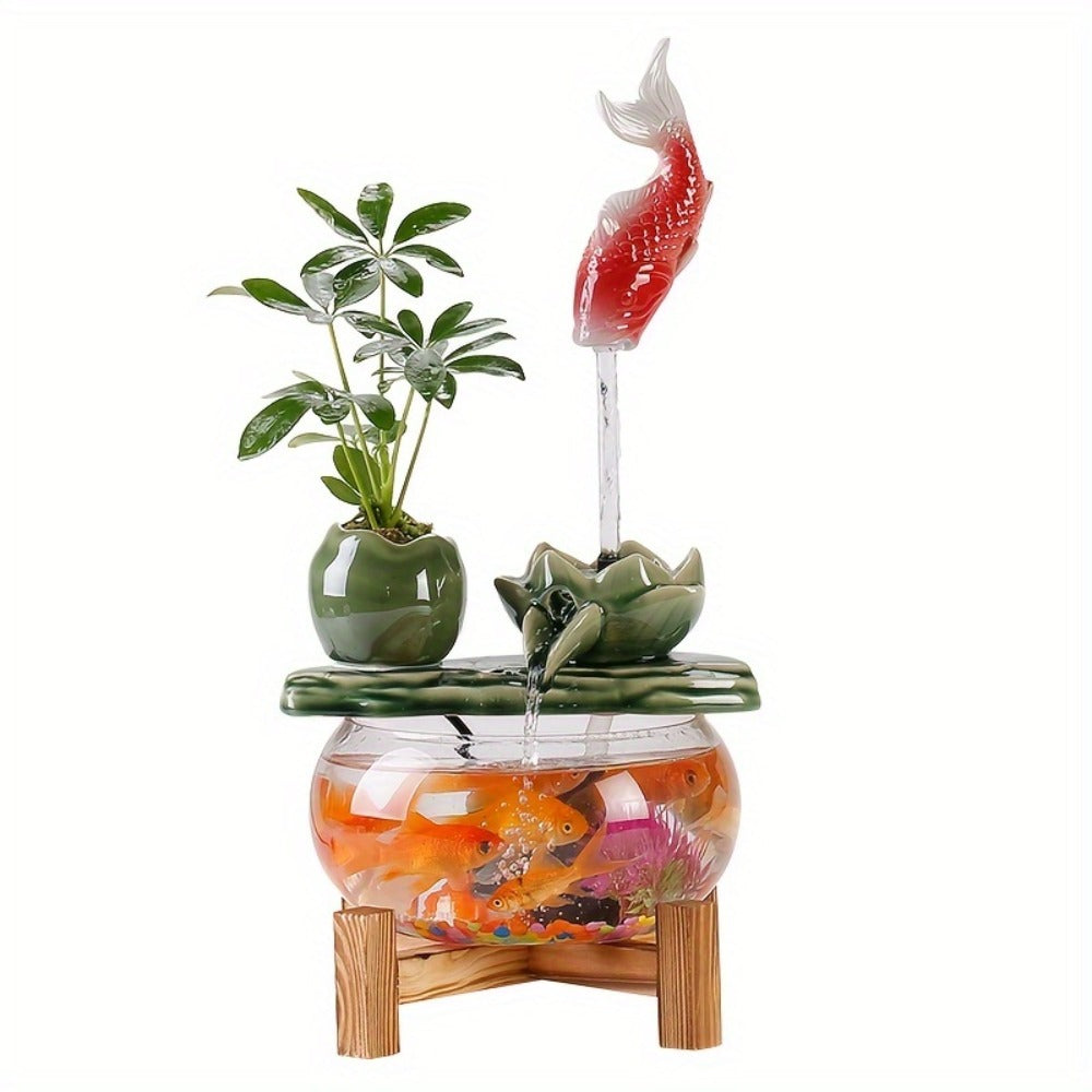 USB Desktop Fish Waterfall Fountain with Glass Bowl – Relaxing Indoor Water Feature Tabletop Decor Zen Fountain Gift