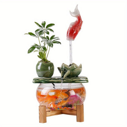 USB Desktop Fish Waterfall Fountain with Glass Bowl – Relaxing Indoor Water Feature Tabletop Decor Zen Fountain Gift
