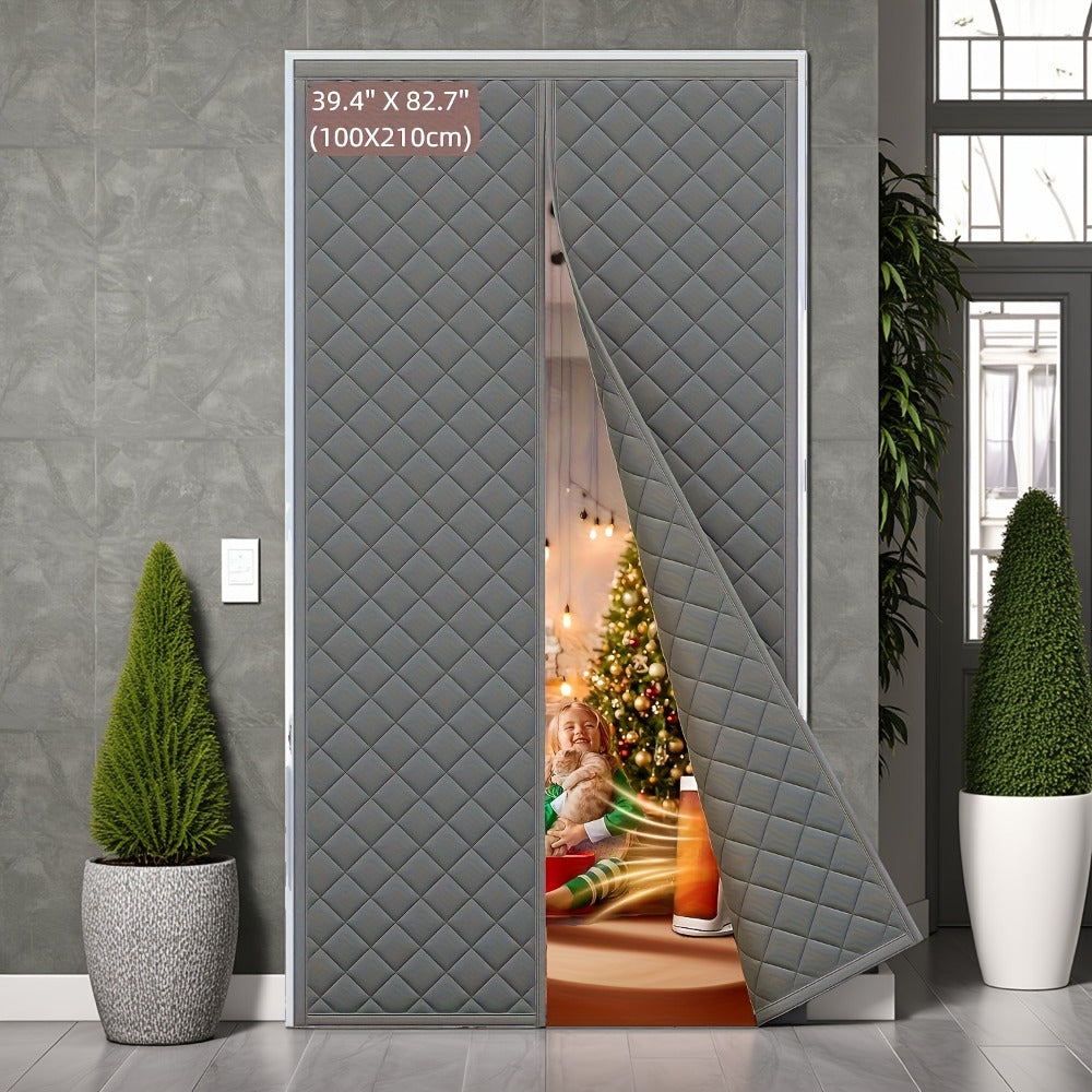 Thermal Insulated Door Curtain Magnetic Closure Knit Plaid Pattern – Windproof Insulation Blanket for Front Door, Sliding Glass, Patio & French Doors, Keep Cold Out, Grey & Brown, Multiple Sizes