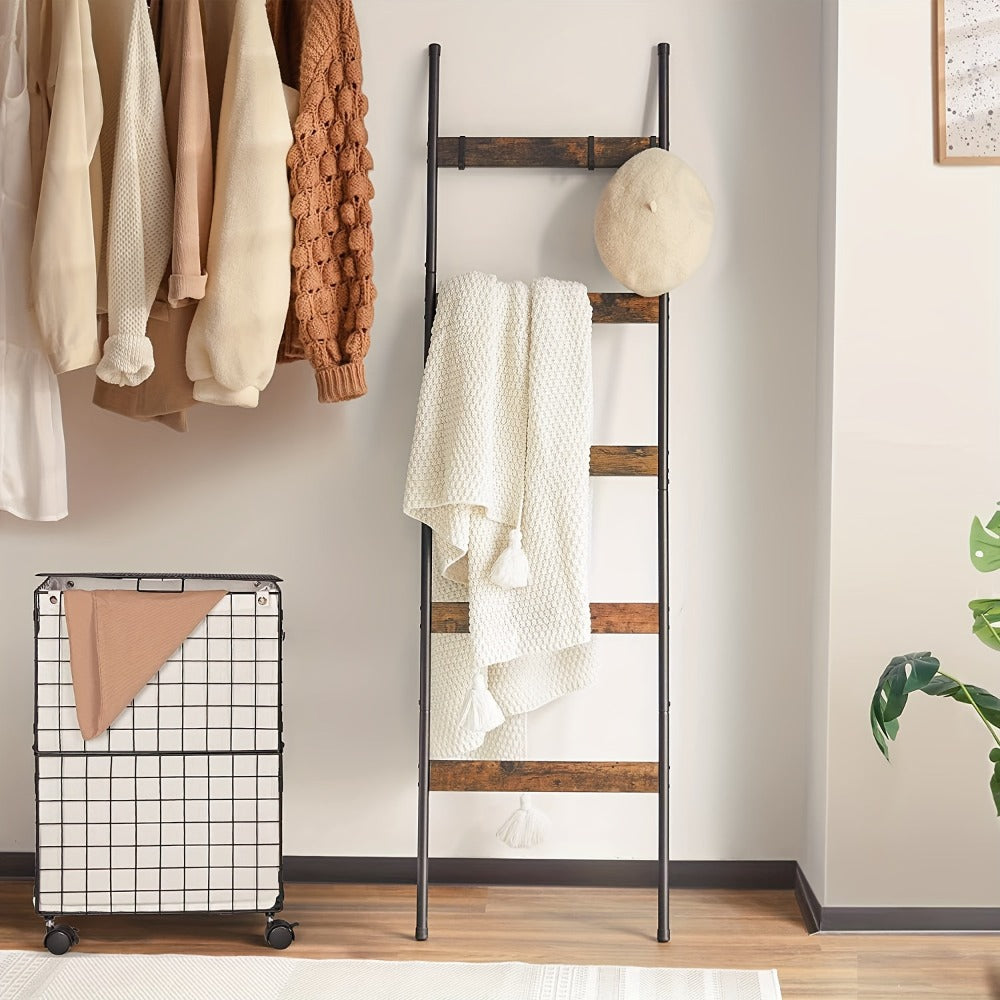 Blanket Ladder 5 Tier Farmhouse Wood with 10 Removable Hooks Wall Leaning Towel Rack Quilt Holder for Living Room Bathroom Bedroom Decor