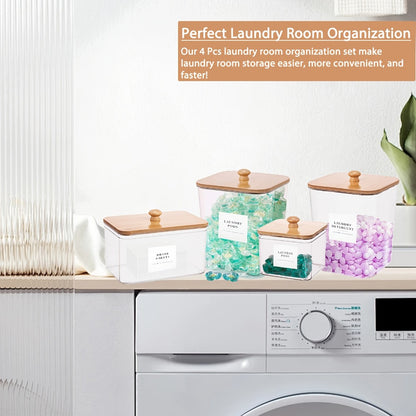 Laundry Pod Containers Set of 4 with Lids Scoops and Labels – Laundry Room Organization Storage Canisters for Pods Detergent Dryer Balls Scent Beads Mixed Color