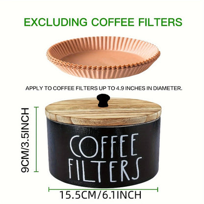Wooden Coffee Filter Holder with Lid | Rustic Farmhouse Coffee Filter Storage Container | Solid Wood Coffee Bar Organizer for Countertop | Vintage Style Decorative Coffee Accessory Box Black & White