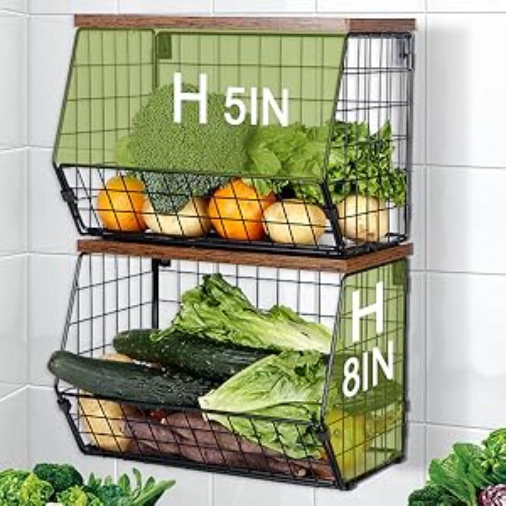 Stackable Metal Wire Fruit Basket with Lid – 1 or 2-Tier Hanging Kitchen Pantry Storage Bin, Wall-Mounted or Countertop Vegetable Organizer for Potato, Onion & Produce, Black