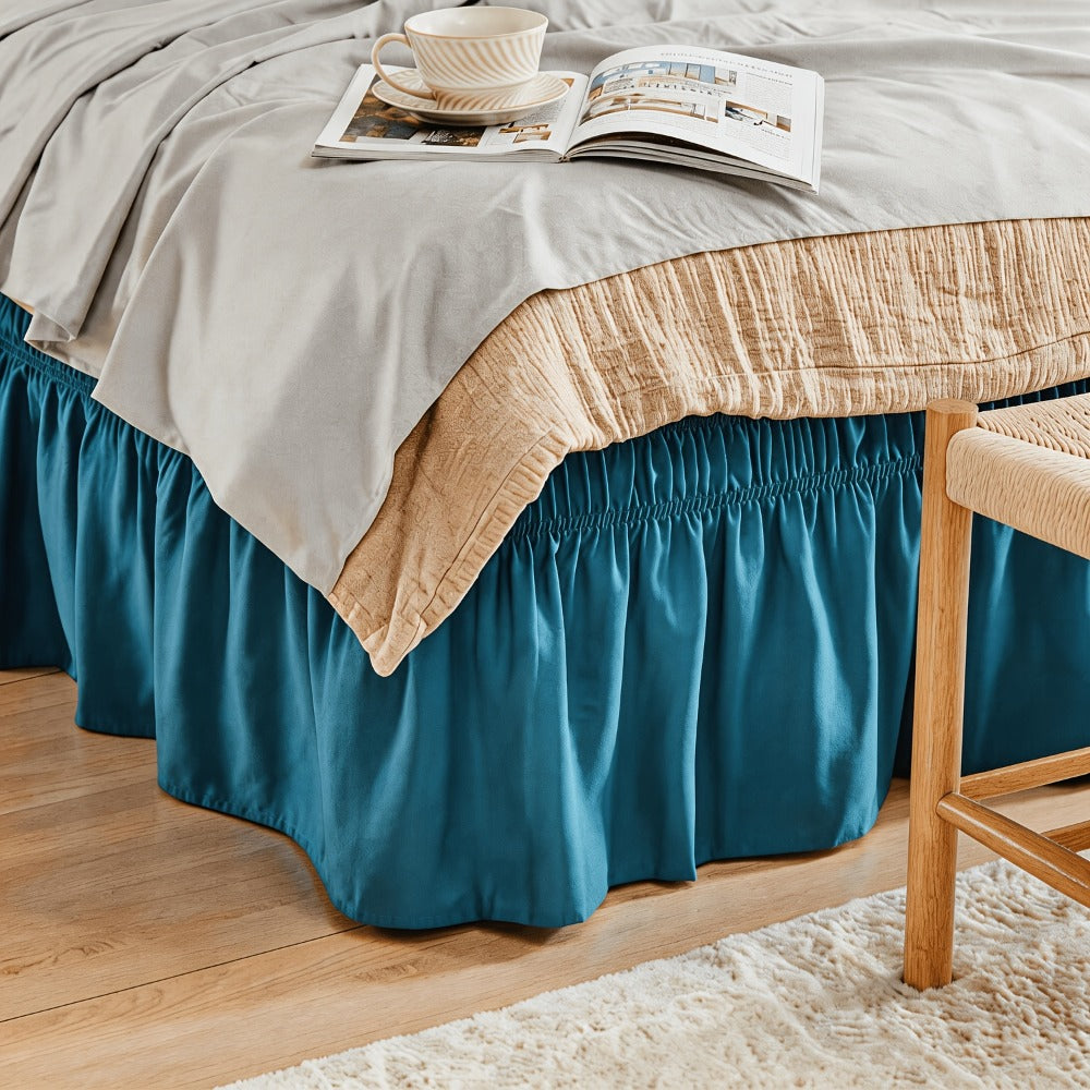 Bed Skirt with Adjustable Elastic Belt - Ruffle Microfiber Dust Ruffle 15 Inch Drop, Hotel Quality, Fade Resistant, Machine Washable, Easy Wrap Fit