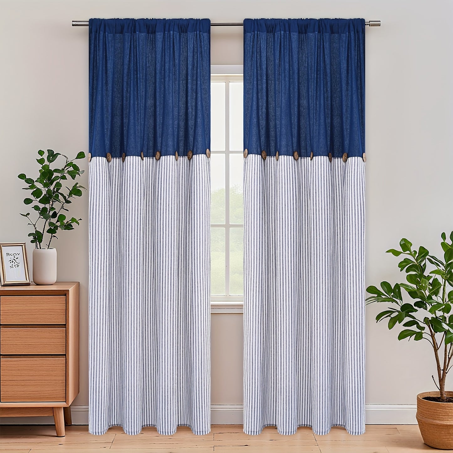 Semi Sheer Curtains Bohemian Linen Cotton Patchwork Grommet Top Window Drapes for Bedroom Living Room Kitchen Bathroom Cafe - Boho Country Cottage Style 4 Seasons 1 or 2 Panels
