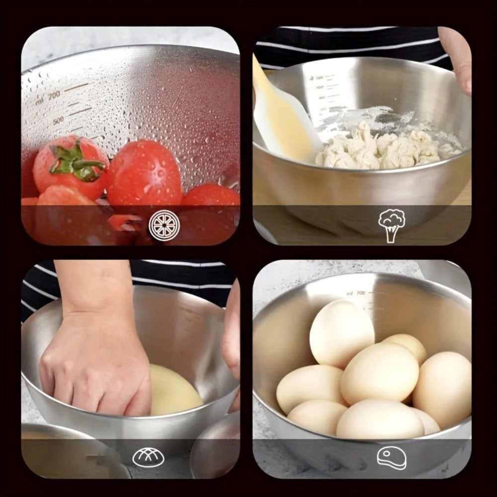 Stainless Steel Mixing Bowl Set 3-Piece with Measuring Marks – Small Medium Large Nesting Bowls for Cooking, Baking & Food Prep, Durable 304 Stainless Steel Salad Bowl Set for Kitchen & Restaurant