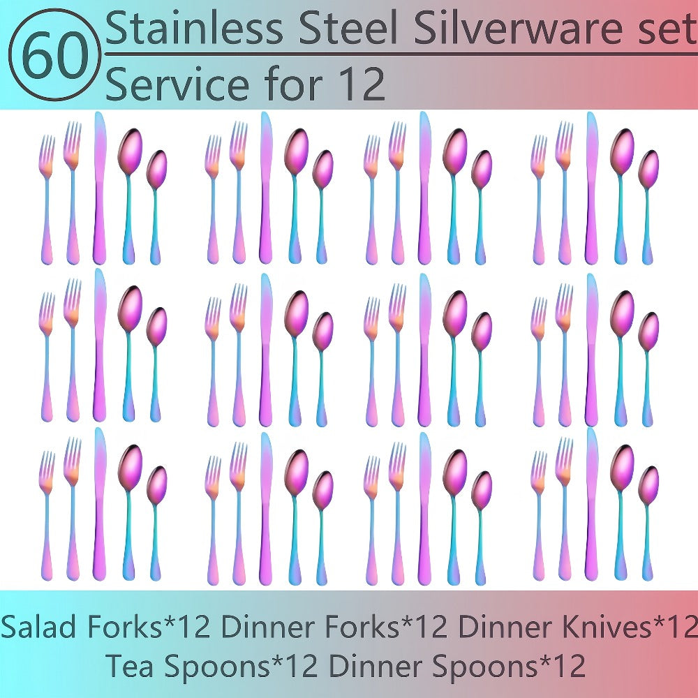 Flatware Set for 12, 60-Piece 304 Stainless Steel Cutlery Set with Mirror Polish & Titanium Plated Finish — Dishwasher Safe Silverware with Knife, Fork & Spoon | Silver, Gold & Rainbow