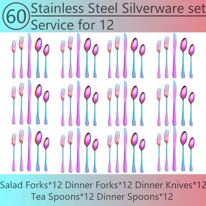 Flatware Set for 12, 60-Piece 304 Stainless Steel Cutlery Set with Mirror Polish & Titanium Plated Finish — Dishwasher Safe Silverware with Knife, Fork & Spoon | Silver, Gold & Rainbow