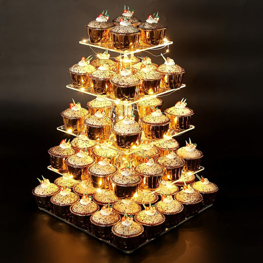 5-Tier Acrylic Cupcake Stand with LED String Lights – Square Dessert Display Tower for 60 Cupcakes Birthday Wedding Baby Shower Tea Party Elegant Transparent Cake Display Rack Easy to Assemble