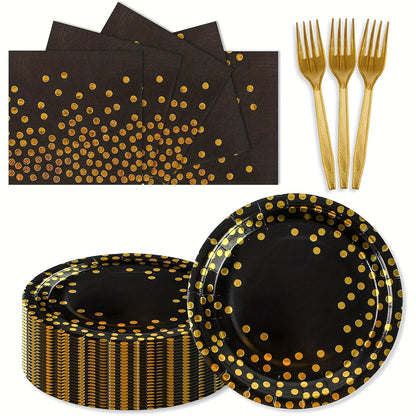 Disposable Party Supplies Set 150 Piece Black and Gold - Paper Plates, Napkins & Forks for 50 Guests, Elegant Tableware for Birthday, Wedding, Graduation & Holiday Celebrations