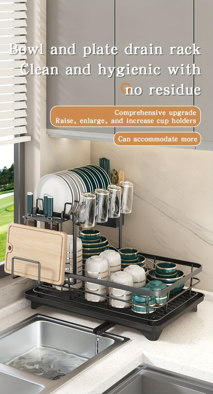 2-Tier Metal Dish Drying Rack with Cutlery Holder Cup Holder & Rust-Proof Drip Tray – Space Saving Countertop Kitchen Organizer