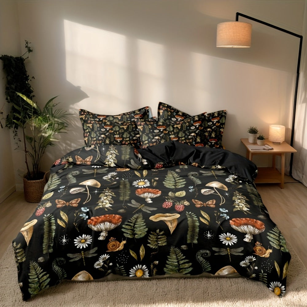 Duvet Cover Set 3-Piece Forest Mushroom Pattern – Soft Polyester Bedding with Zipper Closure, Twin Full Queen King – Bedroom & Guest Room