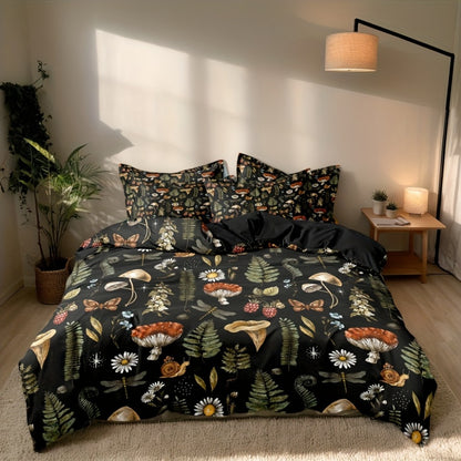 Duvet Cover Set 3-Piece Forest Mushroom Pattern – Soft Polyester Bedding with Zipper Closure, Twin Full Queen King – Bedroom & Guest Room