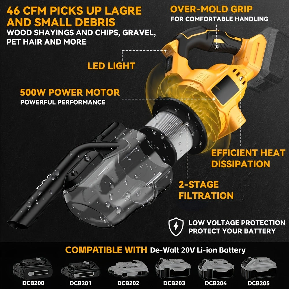 Cordless Handheld Vacuum Cleaner Compatible with DeWalt 20V Battery – 500W Motor, 46 CFM, HEPA Filtration, Portable Car Vacuum for Hard Floor, Pet Hair, Car Interior Cleaning (Battery Not Included)