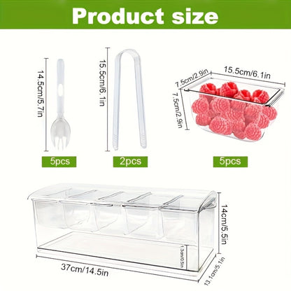 Fruit Salad Bowl with Lid and 5 Compartments, Portable Chilled Serving Tray with 5 Forks and 2 Tongs, Detachable Fruit Storage Box for Party Entertaining Bar Decoration Buffet Table