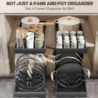 Pull-Out Pot and Pan Lid Rack Cabinet Sliding Storage Organizer - Kitchen Cabinet Slide-Out Box with 8/16 Adjustable Dividers for Lids, Baking Tools & Plates, Black or White, 1 or 2 Pack
