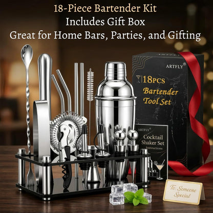 Bartender Kit 18-Piece with Acrylic Stand, 18/8 Stainless Steel Bar Set, Martini Shaker, Jigger, Muddler & Recipe Book – Complete Home Bar Tool Set