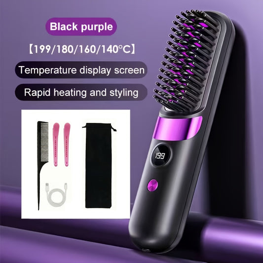 Wireless Hair Straightener Comb USB Rechargeable | Cordless Straightening Brush with Negative Ion, 3-Speed Temp Control, LED Display – Travel Hair Styler