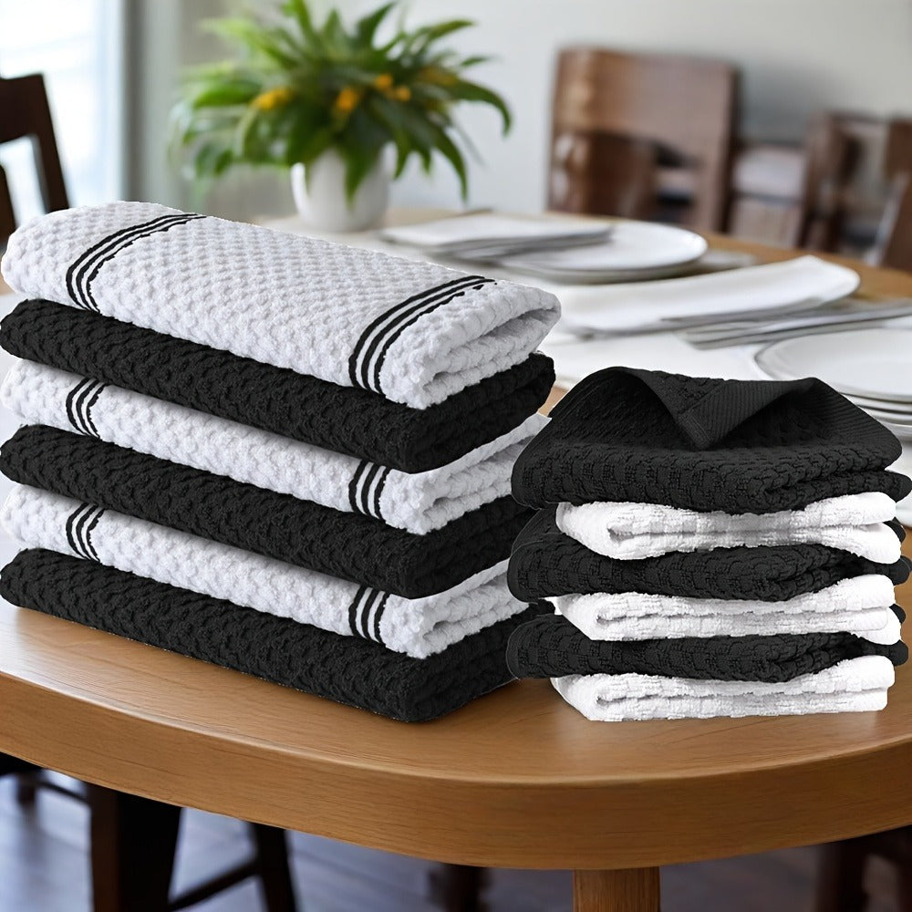 Cotton Kitchen Dish Towel Set 12pcs | 6 Hand Towels 15"x25" & 6 Wash Towels 12"x12" | Striped Weave Absorbent Durable Towels for Cooking Cleaning Drying