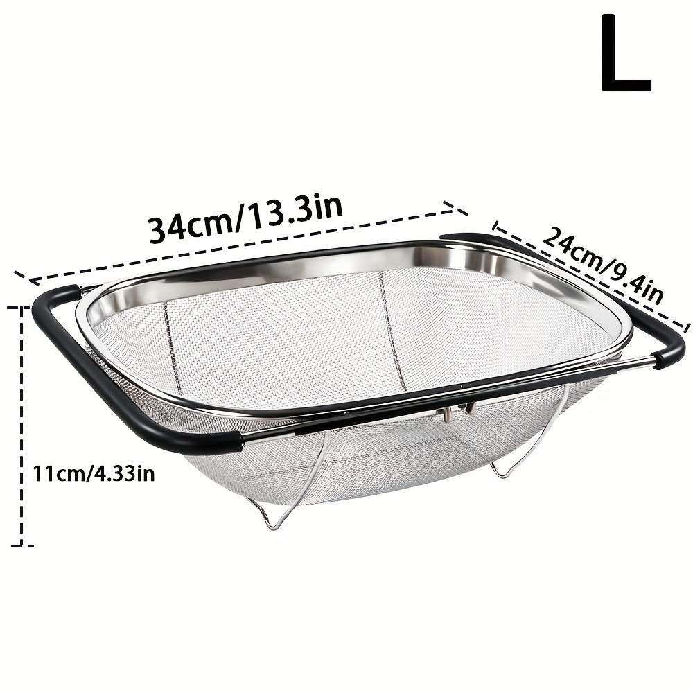 Expandable Sink Colander Stainless Steel – Over the Sink Strainer Basket with Fine Mesh & Rubber Grip, Adjustable Kitchen Drain Strainer for Vegetables, Fruits & Pasta, Small & Large Size