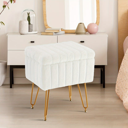 Faux Fur Storage Ottoman Stool – Soft Furry Vanity Seat with Storage, 4 Metal Legs & Non-Slip Feet – Cute Modern Multi-Function Chair for Bedroom, Vanity & Living Room