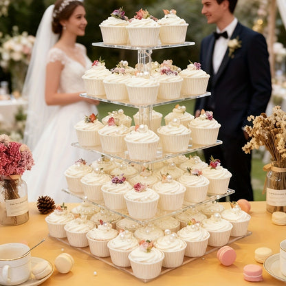 5-Tier Acrylic Cupcake Stand with LED String Lights – Square Dessert Display Tower for 60 Cupcakes Birthday Wedding Baby Shower Tea Party Elegant Transparent Cake Display Rack Easy to Assemble