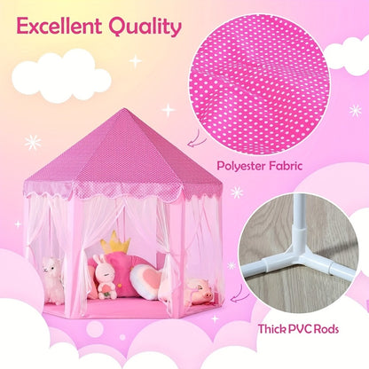 Kids Princess Tent Hexagonal Play Tent with Sheer Door Curtain – Flower Pattern Mosquito Net Castle for Girls, Indoor Outdoor Playhouse Canopy Bed Tent