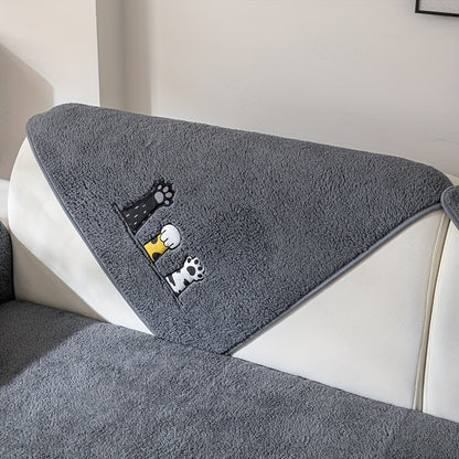 Sherpa Sofa Cover Cat Paw Embroidered Thick Plush Couch Slipcover Non-Slip Seat Cushion Protector Pet-Friendly Machine Washable Furniture Cover for Living Room Home Decor
