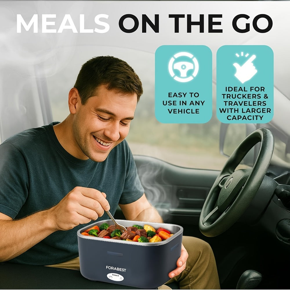 Electric Lunch Box Portable Food Warmer 60oz – 110V Home & 12V/24V Car Heated Meal Container, Stainless Steel, Leak-Proof with Insulated Bag & Fork for Office, Truck, Travel & Camping