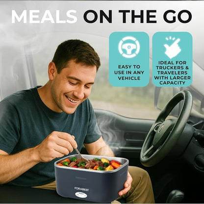 Electric Lunch Box Portable Food Warmer 60oz – 110V Home & 12V/24V Car Heated Meal Container, Stainless Steel, Leak-Proof with Insulated Bag & Fork for Office, Truck, Travel & Camping