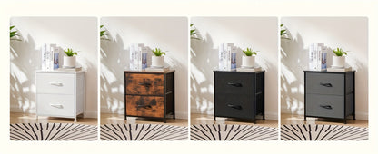 Nightstand with 2 Storage Drawers, 20" Bedside Table with Wooden Top & Fabric Cabinet, Steel Frame Mini Dresser for Bedroom, Dorm, Living Room – 1pc or Set of 2pcs, Black White Grey Rustic Brown