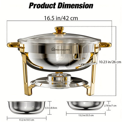 Gold Chafing Dishes Buffet Set 5QT Round Stainless Steel Food Warmer with Glass Lid Lid Holder Mirror Polished for Wedding Party Catering Events - 2 Pack or 4 Pack Chafer Buffet Server