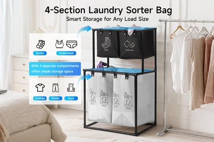 Laundry Sorter 2 Compartment Hamper – 2-Tier Metal Frame Laundry Hamper with Handles, Breathable Mesh Bags & Cable Ties – Space-Saving Clothes Organizer for Home, Bedroom & Apartment