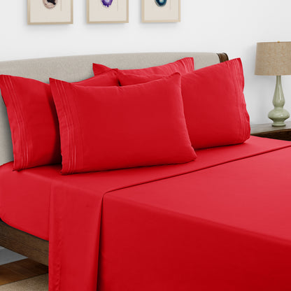 Bed Sheets Set 6 Piece - Soft Brushed Microfiber Fitted Sheet with 16" Deep Pocket, Flat Sheet & Embroidered Pillowcases, Hotel Luxury Cooling Bedding, All Seasons, 20 Colors