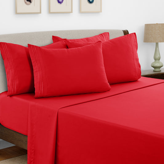 Bed Sheets Set 6 Piece - Soft Brushed Microfiber Fitted Sheet with 16" Deep Pocket, Flat Sheet & Embroidered Pillowcases, Hotel Luxury Cooling Bedding, All Seasons, 20 Colors