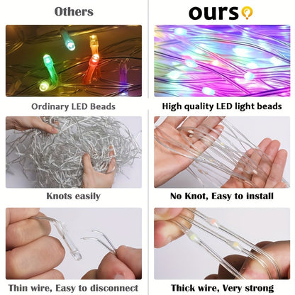 Christmas Tree Waterfall Fairy Lights 200 LED with Star Top Decoration, 8 Lighting Modes — Battery, Solar & USB Powered Indoor Outdoor Colorful Cascading Holiday Light Strip