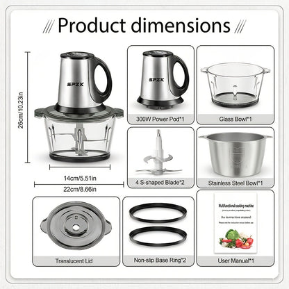 Electric Food Chopper with 2 Bowls & 2 Blades – Multi-Function Food Processor, Meat Grinder & Vegetable Chopper for Meats, Salads, Nuts, Garlic & More