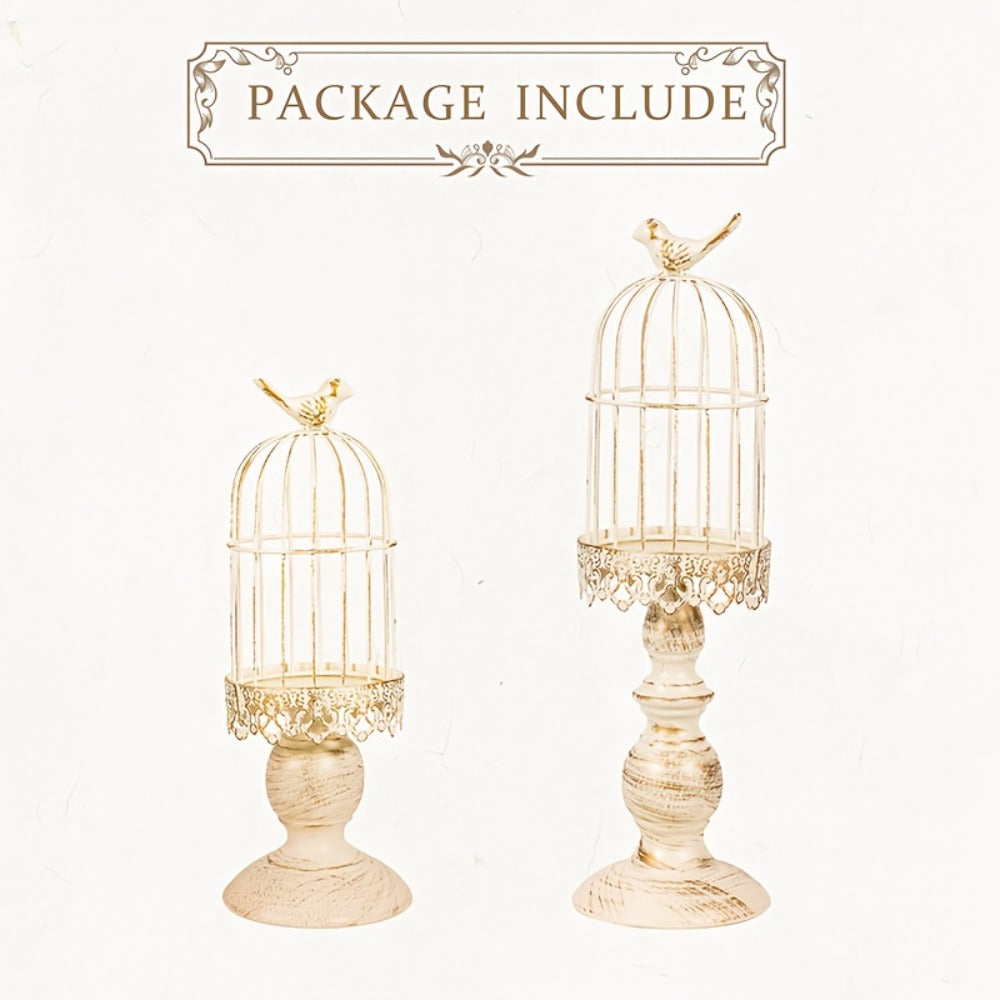 Birdcage Candle Holders Set of 2, Vintage Metal Candlestick Holders with Polished Finish — Wedding Table Centerpieces, Home Decor & Christmas Decoration | Black & White