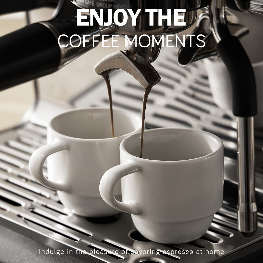 Espresso Cups Set of 6 with Saucers, Spoons & Metal Stand, 4oz Stackable Ceramic Cappuccino Mugs for Double Espresso, Lungo & Afternoon Tea – Matte Black & Matte White