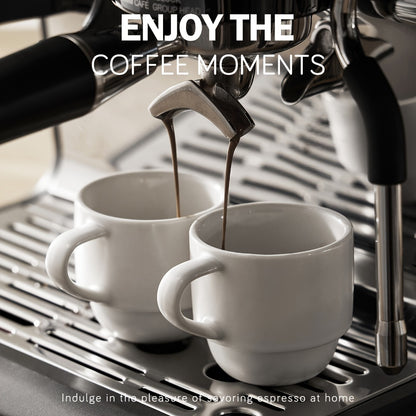 Espresso Cups Set of 6 with Saucers, Spoons & Metal Stand, 4oz Stackable Ceramic Cappuccino Mugs for Double Espresso, Lungo & Afternoon Tea – Matte Black & Matte White
