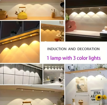 Motion Sensor LED Strip Light USB Rechargeable – 3-Color Dimmable Wireless Night Light for Kitchen, Wardrobe, Cabinet, Shoe Cabinet & Bedroom (20cm / 30cm / 40cm / 50cm, 1 or 2 Pack)