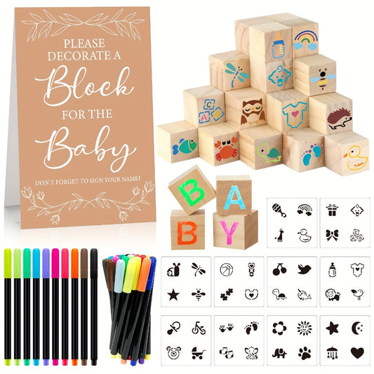 Wooden Block Stacking Game Party Kit 51pcs 30pcs – Baby Shower Tumbling Tower Decoration Sign Set Classic Flower Greenery Fox Bear Style No Electricity