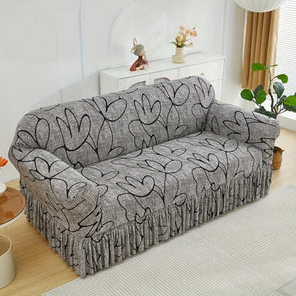 Printed Sofa Cover with Skirt Elastic Four Seasons Universal Furniture Protective Slipcover for Bedroom Office Living Room - 1 2 3 4 Seater Gray