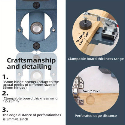 35mm Hinge Drilling Jig Kit Aluminum Alloy Cabinet Door Hinge Hole Opener Template Puncher Locator for Woodworking Door Cabinet Wardrobe Hinge Installation 15-25mm Boards