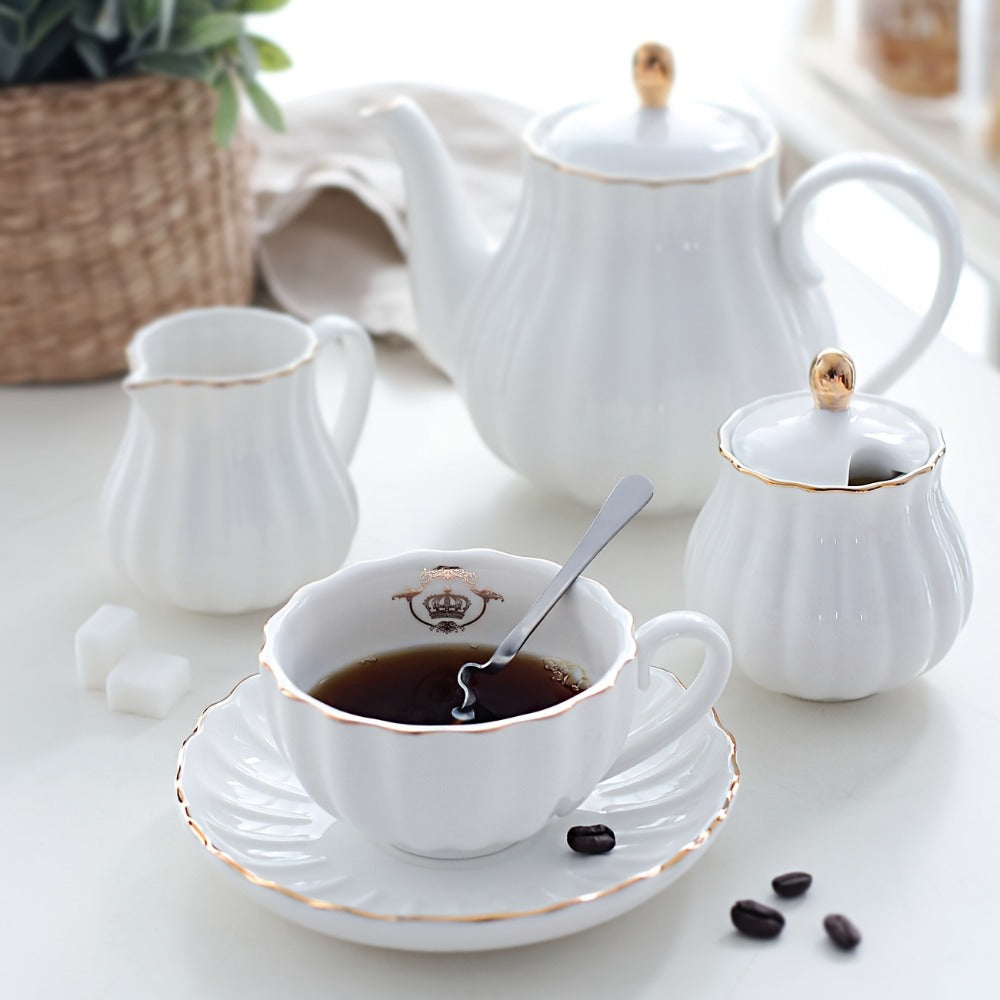 Porcelain Tea Set for 6 - 22 Piece British Royal Floral Service with Teapot, Cups & Saucers, Sugar Bowl, Cream Pitcher & Tea Strainer