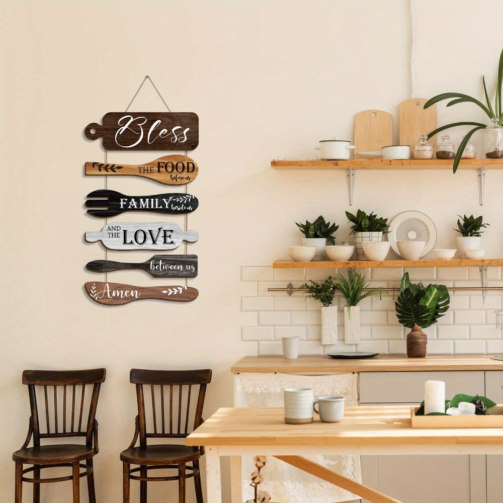 Farmhouse Wall Decor Wood Sign Set - "Bless The Food Before Us" Rustic Kitchen Dining Room Hanging Plaque, 6-Piece Rope Wood Board Art, Housewarming Thanksgiving Gift for Home