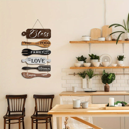 Farmhouse Wall Decor Wood Sign Set - "Bless The Food Before Us" Rustic Kitchen Dining Room Hanging Plaque, 6-Piece Rope Wood Board Art, Housewarming Thanksgiving Gift for Home