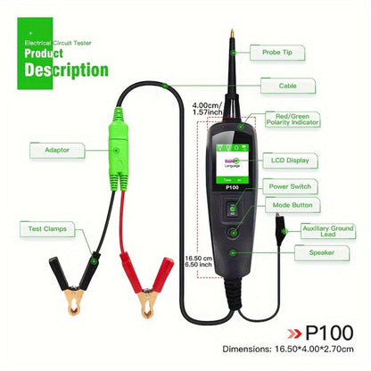 Circuit Tester Probe Kit Topdiag P100 AC DC Voltage Tester 12V 24V Car Diagnostic Tool Electrical Test Light with 6.56ft Cable Continuity Resistance Short Circuit Finder for Automotive Truck Trailer